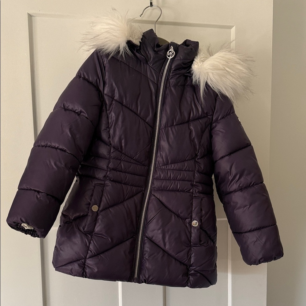 MICHAEL Michael Kors Kids Dark Purple Puffer Jacket with Faux Fur Hood
